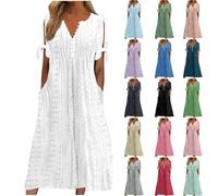 KUIH Summer Dresses for Women UK Loose Casual Maxi Dress Short Sleeve V Neck Tunic Flowy Pleated Beach Sundress Plus Size Ladies Boho Dress Holiday Essentials A Line Bridesmaid Dresses