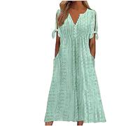 KUIH Summer Dresses for Women UK Loose Casual Maxi Dress Short Sleeve V Neck Tunic Flowy Pleated Beach Sundress Plus Size Ladies Boho Dress Holiday Essentials A Line Bridesmaid Dresses