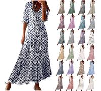 KUIH Summer Dresses for Women UK Plus Size Short Sleeve Boho Maxi Dresses Floral Print Long Dress A Line V Neck Dress Ladies Chiffon Dress Beach Tunic Dress Vacation Holiday Clothes