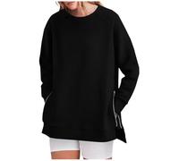 KUIH Sweatshirts for Women Round Neck Pullover Tops Autumn Ladies Jumper with Side Split Solid Casual Ladies Sweatshirts Long Sleeve Top Plus Size Loose Fit Sweaters Fashion Outfits