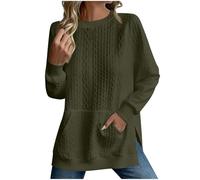 KUIH Sweatshirts for Women UK Oversized Jumper Casual Side Split Pullover Top Textured Crew Neck Long Sleeve Sweatshirt Sweaters Solid Fashion Autumn Tops Ladies Tops for Leggings Army Green