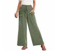 KUIH Wide Leg Trousers for Women UK, Cotton Linen Loose Trousers Elasticated High Waist Pants Elegant Loose Lounge Palazzo Pants with Pockets Ladies Drawstring Summer Bottoms