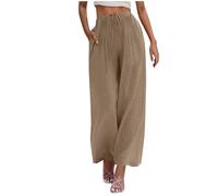 KUIH Wide Leg Trousers for Women UK Cotton Linen Pants Wide Leg Palazzo Trousers Plus Size Solid Color Elasticated Waist Lounge Pants with Pockets Ladies Summer Beach Bottoms for Holiday