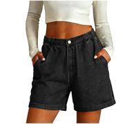 KUIH Women’s Denim Shorts High Waisted Bermuda Shorts Lightweight Stretch Elastic Waist Casual Jeans Lounge Pants for Summer Beach Travel Outdoor Black