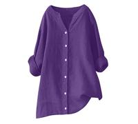 KUIH Womens Blouse Summer Linen Tops Long Sleeve Shirts Summer Cotton Linen Button Down Blouses Ladies Casual V Neck Roll Up Tunic Shirts Comfy Solid Loose Fit Tops Casual T-Shirts