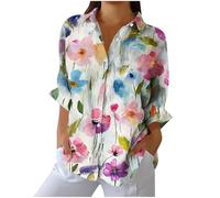 KUIH Womens Blouses Long Sleeve Button Down Shirts Open Front Dressy Floral Printed Blouses Business Casual Work Tops Point Collar Floral T-Shirts Summer Spring Tunic Tops for Women Plus Size S-3XL