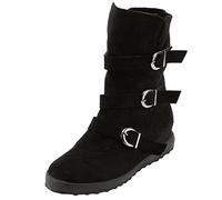 KUIH Womens Boots 2024 Clearance,Padded 2024 Ladies Suede Flat Wellies Zipper and Belt Buckle Cowboy Booties Mid Boots Wide Calf Women's Working and Walking Wellies Flat Booties Plus Size 3.5-7