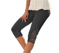 KUIH Womens Capri Lace Trim Leggings Ladies Three Quarter Trousers Soft 3/4 Cropped Elasticated Waist Yoga Pants UK Ladies Stretch Pull on Trousers Stretchy Soft Tights Gym Shorts for Jogging