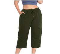 KUIH Women's Capri Sweatpants Tracksuit Bottoms Ladies 3/4 Cropped Pants UK Clearance Ladies Pull on Trousers Elasticated Waist Drawstring Yoga Pants with Pocket Summer Workout Trousers Army Green