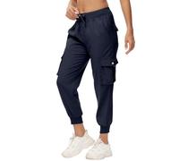 KUIH Womens Cargo Trousers Elasticated Waist Cropped Pants Stretchy Cuffed Leg Joggers Hiking Walking Combat Trousers with Pockets Gym Running Yoga Pants Athletic Tracksuit Bottoms