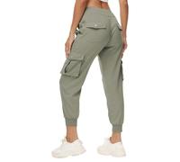 KUIH Womens Cargo Trousers Elasticated Waist Cropped Pants Stretchy Cuffed Leg Joggers Hiking Walking Combat Trousers with Pockets Gym Running Yoga Pants Athletic Tracksuit Bottoms