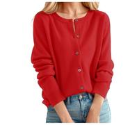 KUIH Women's Cashmere Cardigans Round Neck Sweater Lightweight Long Sleeve Knitted Cardigan Solid Color Button Down Jumper Spring Autumn Sweater Ladies Outwear Knitwear Summer Outfits Watermelon Red