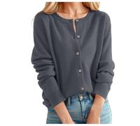 KUIH Women's Cashmere Cardigans Round Neck Sweater Lightweight Long Sleeve Knitted Cardigan Solid Color Button Down Jumper Spring Autumn Sweater Ladies Outwear Knitwear Summer Outfits Dark Gray