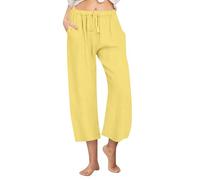 KUIH Womens Casual Trousers Cotton Linen Cropped Pants Loose Fit Straight Elasticated Waist Chino Bottoms with Pockets Ladies Summer Capri Pants