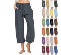 KUIH Womens Casual Trousers Cotton Linen Cropped Pants Loose Fit Straight Elasticated Waist Chino Bottoms with Pockets Ladies Summer Capri Pants