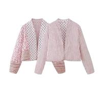 KUIH Women's Coats Cropped Quilted Puffer Coat with Pockets Long Sleeve Floral Jacket Floral Print Coat Outerwear Short Padded Coat Open Front Cardigan Outwear Winter Clothes