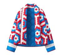 KUIH Women's Coats Cropped Quilted Puffer Coat with Pockets Long Sleeve Floral Jacket Floral Print Coat Outerwear Short Padded Coat Open Front Cardigan Outwear Winter Clothes