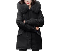 KUIH Women's Coats Thick Long Parka Jacket with Fur Hood Outerwear Mid Lengh Quilted Padded Jacket Ladies Long Coat with Pockets Outdoor Overcoat Plus Size Ladies Winter Trench Coats Winter Clothes
