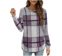 KUIH Women's Flannel Checked Sweatshirt Round Neck Long Sleeve Pullover Tops Lightweight Loose Tunic Shirts Curved Sweater Autumn Sweatshirt Ladies Jumpers Womens Tops for Leggings Sky Blue