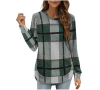 KUIH Women's Flannel Checked Sweatshirt Round Neck Long Sleeve Pullover Tops Lightweight Loose Tunic Shirts Curved Sweater Autumn Sweatshirt Ladies Jumpers Womens Tops for Leggings Dark Gray
