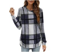 KUIH Women's Flannel Checked Sweatshirt Round Neck Long Sleeve Pullover Tops Lightweight Loose Tunic Shirts Curved Sweater Autumn Sweatshirt Ladies Jumpers Womens Tops for Leggings Purple