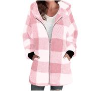KUIH Womens Fleece Jackets Full Zip Hoodies Checked Hooded Fluffy Coats Ladies Warm Cozy Furry Cardigans Oversized Long Sleeve Winter Jackets for Women Plus Size Longline Sweatshirt Outerwear