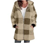 KUIH Womens Fleece Jackets Full Zip Hoodies Checked Hooded Fluffy Coats Ladies Warm Cozy Furry Cardigans Oversized Long Sleeve Winter Jackets for Women Plus Size Longline Sweatshirt Outerwear