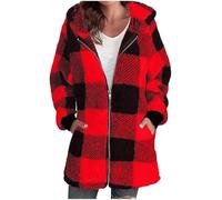 KUIH Womens Fleece Jackets Full Zip Hoodies Checked Hooded Fluffy Coats Ladies Warm Cozy Furry Cardigans Oversized Long Sleeve Winter Jackets for Women Plus Size Longline Sweatshirt Outerwear