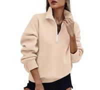 KUIH Womens Half Zip Sweatshirt Solid Casual 1/4 Zip Pullover Tops Autumn Winter Cosy Jumpers Ladies Sweaters Quarter-Zip Fleece Sweatshirt with Pockets Knitwear Fashion Casual Long Sleeve Top Khaki