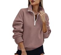 KUIH Womens Half Zip Sweatshirt Solid Casual 1/4 Zip Pullover Tops Autumn Winter Cosy Jumpers Ladies Sweaters Quarter-Zip Fleece Sweatshirt with Pockets Knitwear Fashion Casual Long Sleeve Top Coffee
