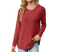 KUIH Womens Jumper Autumn Winter Casual Pullover Top Long Sleeve Tunic Sweater Top Ladies Lightweigth Jumpers Women Solid Loose Crew Neck Sweatshirt Button Side Warm Blouse Fleece T shirts Red