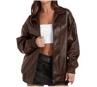 KUIH Womens Leather Jacket Zip Up Ladies Motorcycle Jacket PU Moto Biker Jackets Windbreaker Outerwear Summer Coat Waterproof Lightweight Long Sleeve Jackets with Pocket Fashion Y2k Streetwear Coffee