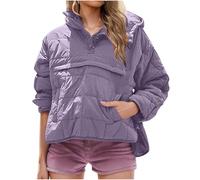 KUIH Womens Lightweight Quilted Jackets Button Up Long Sleeve Winter Warm Padded Pullover Tops Hooded Puffer Coat High Low Tops Side Slit Ladies Coat Winter Clothes Workout Top Going Out Wear