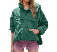 KUIH Womens Lightweight Quilted Jackets Button Up Long Sleeve Winter Warm Padded Pullover Tops Hooded Puffer Coat High Low Tops Side Slit Ladies Coat Winter Clothes Workout Top Going Out Wear