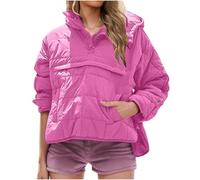 KUIH Womens Lightweight Quilted Jackets Button Up Long Sleeve Winter Warm Padded Pullover Tops Hooded Puffer Coat High Low Tops Side Slit Ladies Coat Winter Clothes Workout Top Going Out Wear
