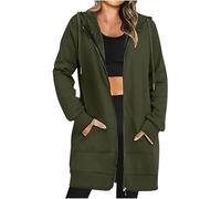 KUIH Women's Longline Hoodie Full Zip Fleece Jacket Warm Coat Ladies Long Length Sweatshirt with Pockets Loose Jumpers Sweat Top Long Hoodies With Drawstring Thermal Outerwear Womens Cardigans Green