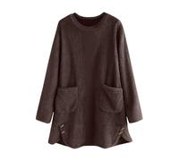 KUIH Women's Longline Sweatshirt Fleece Fluffy Jumpers Baggy Oversized Pullover Tops Plush Blouse Round Neck Long Sleeve Tops Ladies Loose Warm Tunic Fuzzy Sweaters Plus Size with Pockets Brown