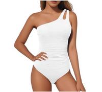 KUIH Women's One Piece Swimsuit One Shoulder Strap Sexy Swimwear Tummy Control Swimming Costume Ruched Monokinis Athletic Sports Bathing Suits Surfing Swimwear Beachwear White