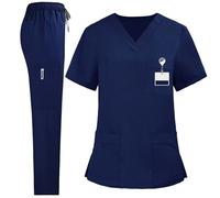 KUIH Womens Scrubs Set Short Sleeve V Neck Healthcare Uniform Scrub Top with Straight Leg Pants Moisture Wicking Quick Dry Work Scrubs Set for Medical Care Work Uniform Beauty Salon Navy