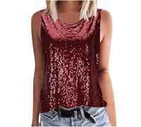 KUIH Womens Sequin Tops Scoop Neck Sparkly Vest Tops Shimmer Tank Tops Glitter Vest Top Ladies Sequin Tops Glittery Party Top Camisole Vests Clubbing Outfits for Women Night Club Wear Red