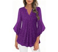 KUIH Womens Sparkly Blouses Ruffle 3/4 Sleeve Tunic Tops Loose Flowy Chiffon Ladies Glitter Blouses V Neck Pleated Tunic Blouse Loose Fit Ladies Top Flowy Double Layered Mesh Shirts Purple