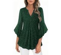 KUIH Womens Sparkly Blouses Ruffle 3/4 Sleeve Tunic Tops Loose Flowy Chiffon Ladies Glitter Blouses V Neck Pleated Tunic Blouse Loose Fit Ladies Top Flowy Double Layered Mesh Shirts Army Green