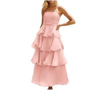 KUIH Women's Summer Dresses Elegant Strapless Ruffle Tiered Dresses Sleeveless Maxi Sundress Loose Fit Ladies A-Line Bandeau Dress Boho Beach Sundress UK Clearance Holiday Clothes