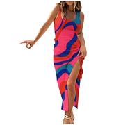 KUIH Women's Summer Sleeveless Tank Dress Drawstring Split Long Dress Strappy Boho Beach Dresses Vacation Holiday Sundress Women Ruched Casual Dresses Beach Cover-Ups