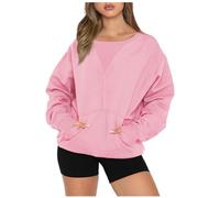 KUIH Womens Sweatshirt Ladies Baggy Jumper Round Neck Long Sleeve Tops with Pockets Solid Casual Loose Fleece Pullover Sweat Top Ladies Slouchy Jumper Cosy Top Autumn Winter Clothes
