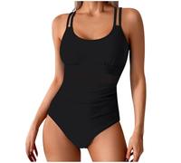 KUIH Womens Swimming Costumes Tummy Control One Piece Swimsuits Scoop Neck Double Straps Crisscross Back Tie Bathing Suits Ladies Swimwear wih Bra Support Black