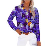 KUIH Womens Tops Long Sleeve Shirts Chiffon Open Front Dressy Floral Printed Blouses Business Casual Button Down Top Collar Floral T-Shirts Summer Spring Tunic Tops for Women Plus Size S-3XL