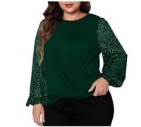 KUIH Womens Tops Plus Size Crewneck Long Sleeve Sequin Blouses Glitter Party Top Elegant Loose Tunic Wrap Top Round Neck Sweater Long Sleeve Evening Top Sparkle Tshirt Going Out Top Green