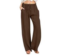 KUIH Womens Trousers Summer Casual Linen Trousers Drawstring Elastic Waist Long Pants Women Straight Wide Leg Lounge Pants High Waisted Palazzo Loose Fit Ladies Bottoms