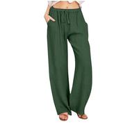 KUIH Womens Trousers Summer Casual Linen Trousers Drawstring Elastic Waist Long Pants Women Straight Wide Leg Lounge Pants High Waisted Palazzo Loose Fit Ladies Bottoms